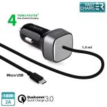 PURO Fast Compact Mini Car Charger - Uniwersalna ładowarka samochodowa z kablem Micro USB, 2 A, Qualcomm QC 3.0 (czarny)