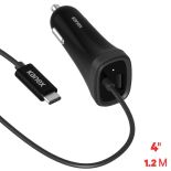 Kanex USB-C Car Charger - Ładowarka samochodowa z kablem USB-C, 3 A, 1.2 m + USB Port 1 A (Black)