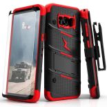 Zizo Bolt Cover - Pancerne etui Samsung Galaxy S8 ze szkłem 9H na ekran + podstawka & uchwyt do paska (Black/Red)