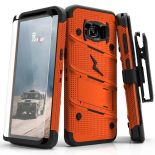 Zizo Bolt Cover - Pancerne etui Samsung Galaxy S8 ze szkłem 9H na ekran + podstawka & uchwyt do paska (Orange/Black)