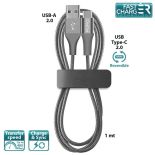 PURO Braided Cable - Kabel USB-C 2.0 na USB 2.0 + klips + Aluminum Connector, 3 A, 480 MBps, 1 m (Space Gray)