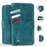 Zizo Slide Out Wallet Pouch - Skórzane etui iPhone X z kieszeniami na karty wewnątrz oraz na zewnątrz etui + stand up (Blue)