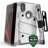 Zizo Bolt Cover - Pancerne etui iPhone Xs / X ze szkłem 9H na ekran + podstawka & uchwyt do paska (White/Gray)