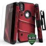 Zizo Bolt Cover - Pancerne etui iPhone Xs / X ze szkłem 9H na ekran + podstawka & uchwyt do paska (Red/Black)