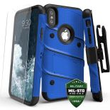 Zizo Bolt Cover - Pancerne etui iPhone Xs / X ze szkłem 9H na ekran + podstawka & uchwyt do paska (Blue/Black)