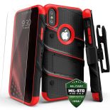 Zizo Bolt Cover - Pancerne etui iPhone Xs / X ze szkłem 9H na ekran + podstawka & uchwyt do paska (Black/Red)