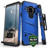 Zizo Bolt Cover - Pancerne etui Samsung Galaxy S9 ze szkłem 9H na ekran + podstawka & uchwyt do paska (Blue/Black)