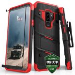 Zizo Bolt Cover - Pancerne etui Samsung Galaxy S9+ ze szkłem 9H na ekran + podstawka & uchwyt do paska (Black/Red)