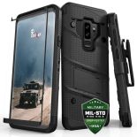 Zizo Bolt Cover - Pancerne etui Samsung Galaxy S9+ ze szkłem 9H na ekran + podstawka & uchwyt do paska (Black/Black)