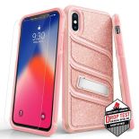 Zizo Bolt X Series - Pancerne etui iPhone Xs / X ze szkłem 9H na ekran + podstawka (Glitter Pink)