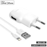 PURO Mini Travel Charger - Ładowarka sieciowa USB + kabel Lightning MFi 1 m, 1 A, 5 W (biały)