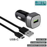 PURO Car Fast Charger - Uniwersalna ładowarka samochodowa USB 3.0 A + kabel USB-C 1 m, 15 W (czarny)