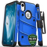 Zizo Bolt Cover - Pancerne etui iPhone XR ze szkłem 9H na ekran + podstawka & uchwyt do paska (Blue/Black)