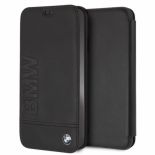 BMW Signature Logo Imprint Book Case - Skórzane etui z klapką iPhone Xs Max z wytłaczanym logo BMW + kieszenie na karty (czarny)